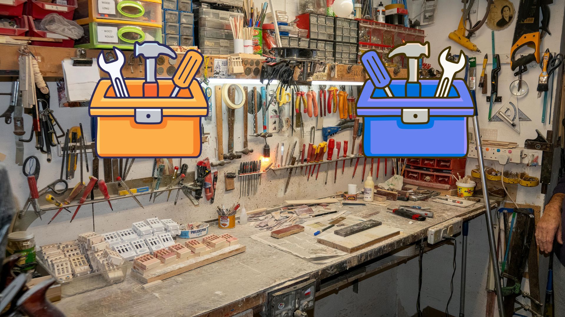 A complete set of woodworking tools on a garage wall as a metaphor for the best SEO tools for small businesses